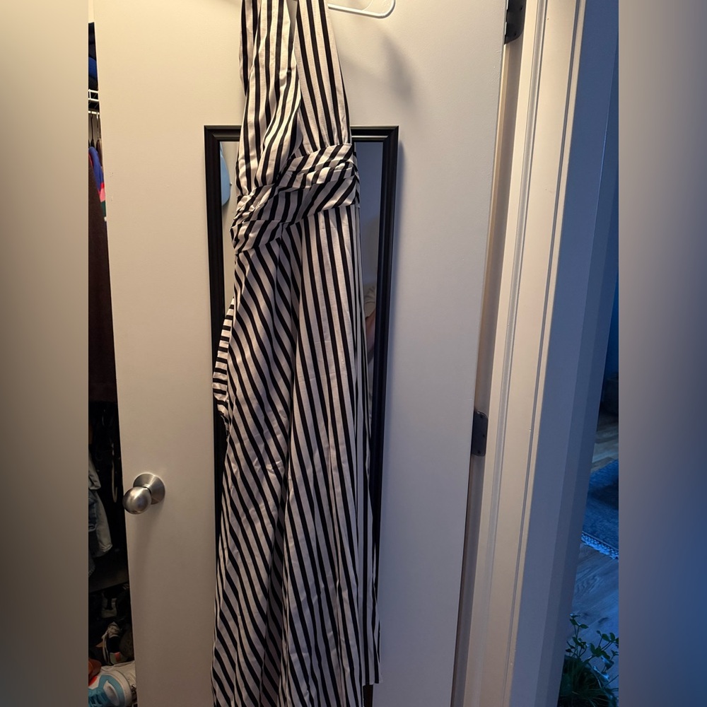 Black and White Striped Halter Dress